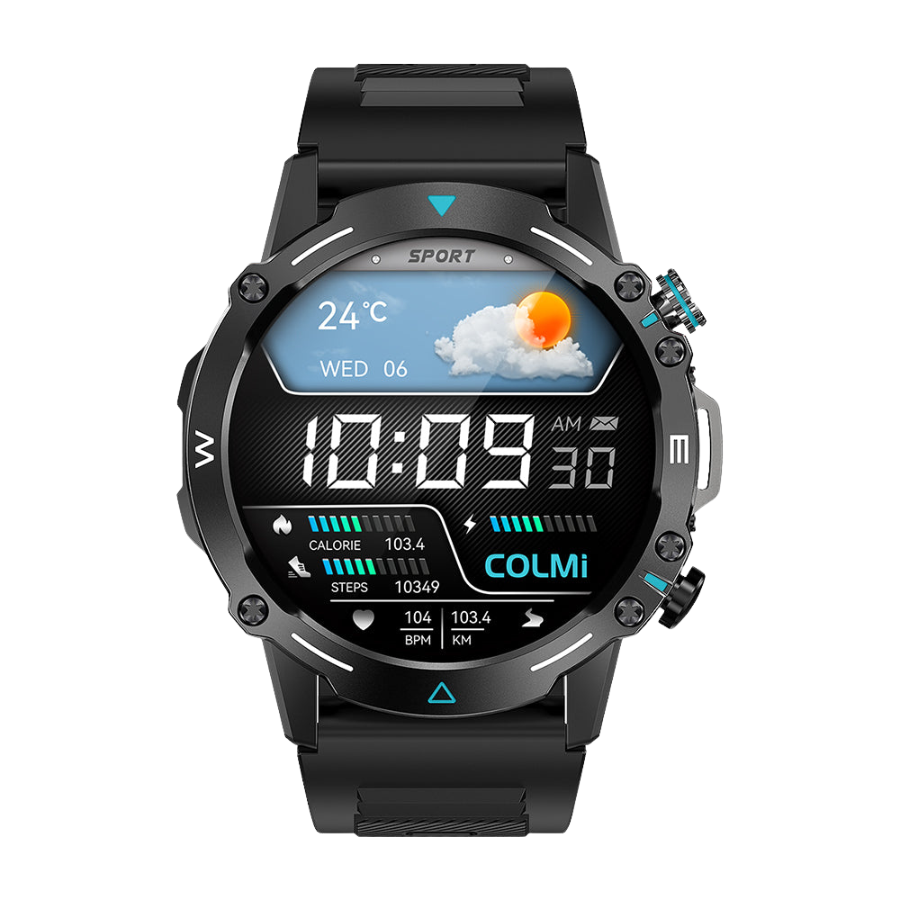 Schwaarz Colmi M42 Smartwatch mat schlankem Design, mat iwwer 100 Sportmodi an enger Batterielaufzäit vun 10 Deeg.