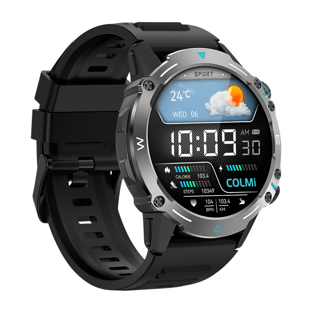Schwaarz Colmi M42 Smartwatch vun der lénkser Säit gewisen, mat engem schlanken Design, iwwer 100 Sportmodi an enger Batterielaufzäit vun 10 Deeg.