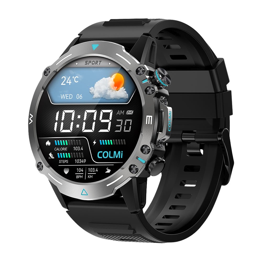 Schwaarz Colmi M42 Smartwatch vun der rietser Säit gewisen, mat engem schlanken Design, iwwer 100 Sportmodi an enger Batterielaufzäit vun 10 Deeg.