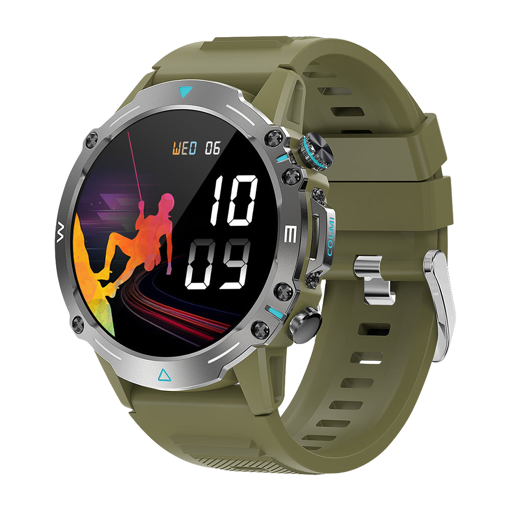 Gréng Colmi M42 Smartwatch vun der rietser Säit gewisen, mat engem schlanken Design, iwwer 100 Sportmodi an enger Batterielaufzäit vun 10 Deeg.