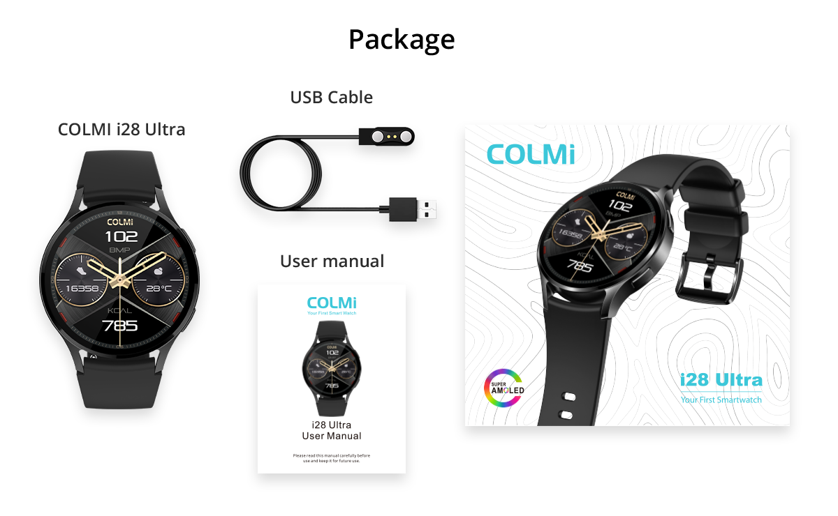 D'Colmi i28 Ultra Smartwatch enthält Auer, Ladekabel an Accessoiren, mat fortgeschrattem Gesondheetstracking, 10 Deeg Batterielaufzäit an IP68 Waasserdichtheet.