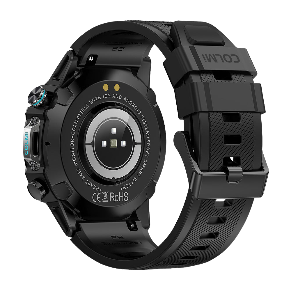 Schwaarz Colmi M42 Smartwatch vun hannen ze gesinn, mat engem schlankem Design, iwwer 100 Sportmodi an enger Batterielaufzäit vun 10 Deeg.