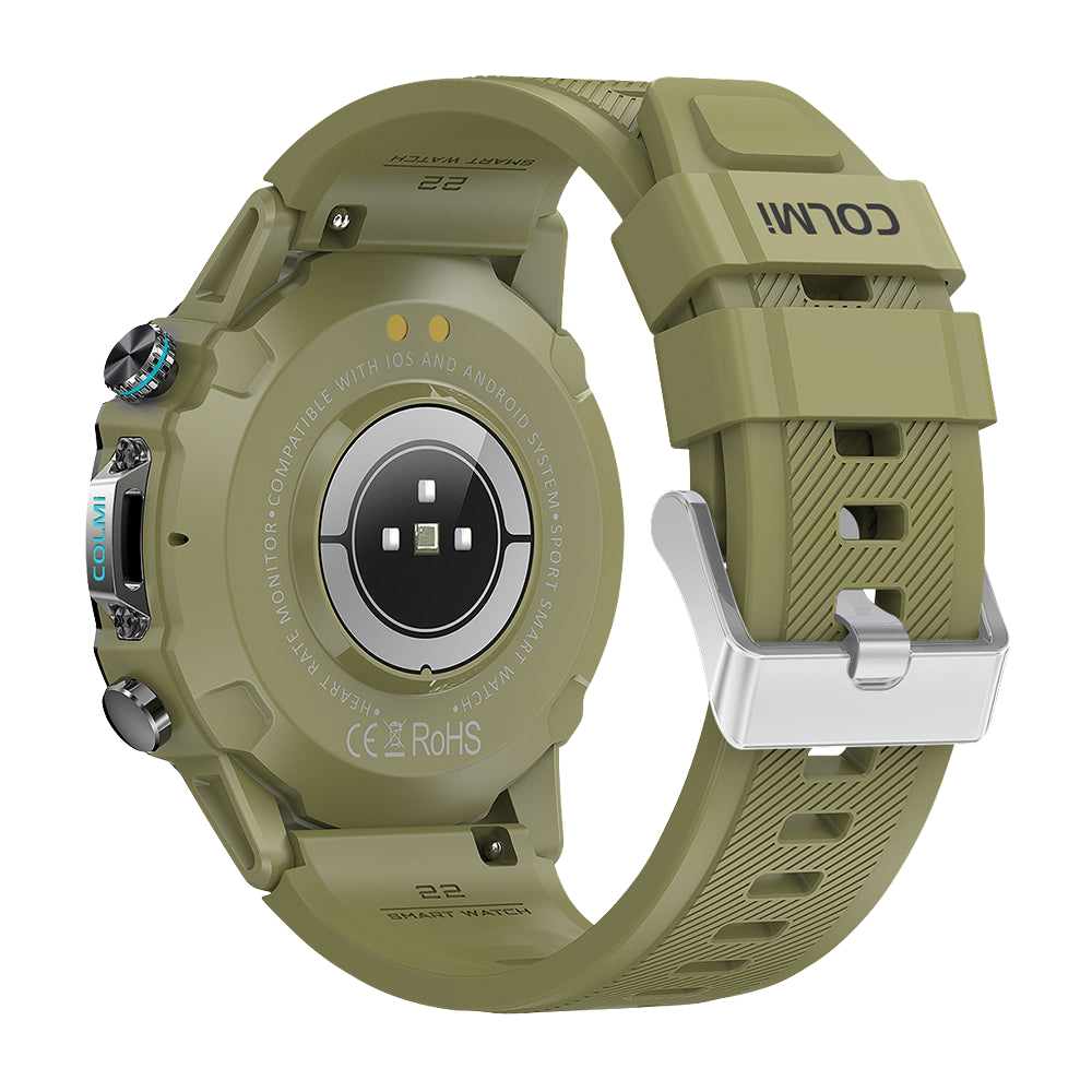 Gréng Colmi M42 Smartwatch vun hannen ze gesinn, mat engem schlankem Design, iwwer 100 Sportmodi an enger Batterielaufzäit vun 10 Deeg.