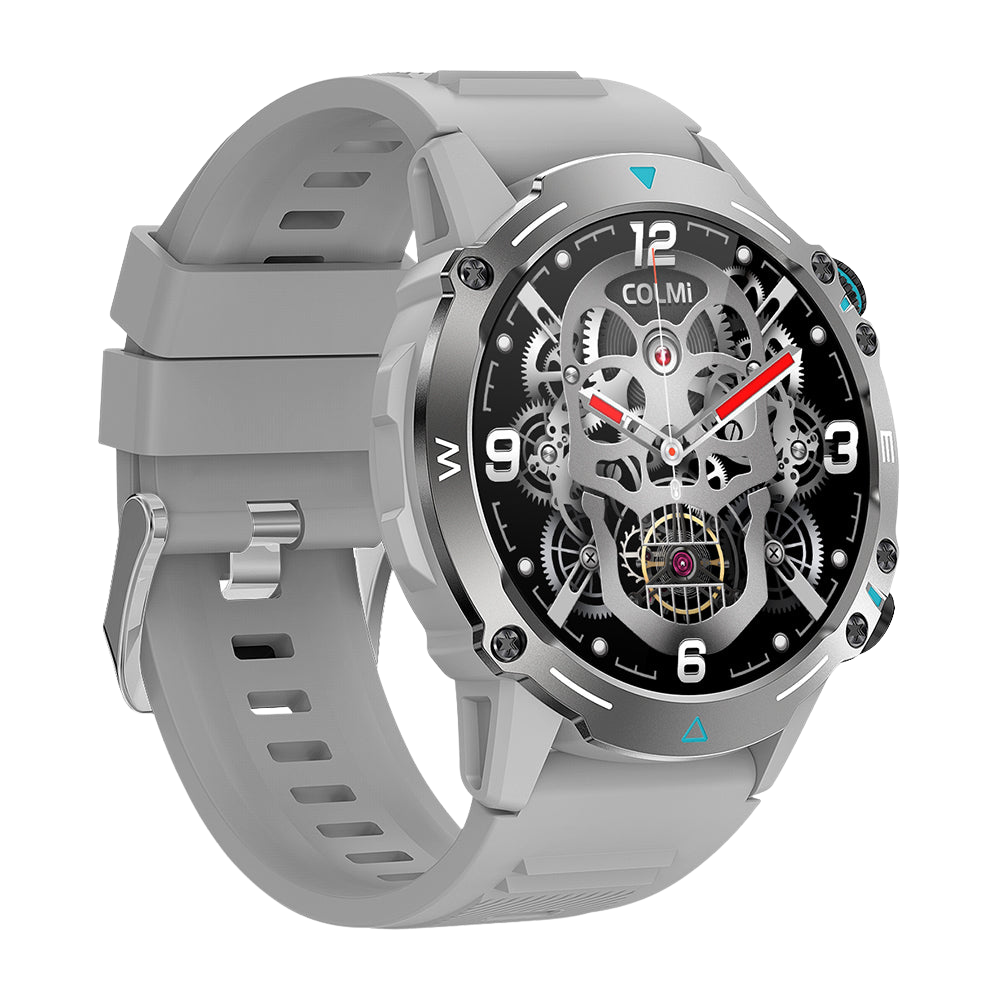Sëlwer Colmi M42 Smartwatch vun der lénkser Säit gewisen, mat engem schlanken Design, iwwer 100 Sportmodi an enger Batterielaufzäit vun 10 Deeg.