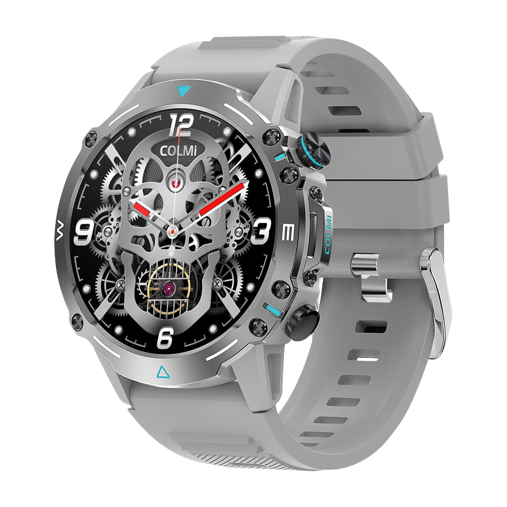 Sëlwer Colmi M42 Smartwatch vun der rietser Säit gewisen, mat engem schlanken Design, iwwer 100 Sportmodi an enger Batterielaufzäit vun 10 Deeg.