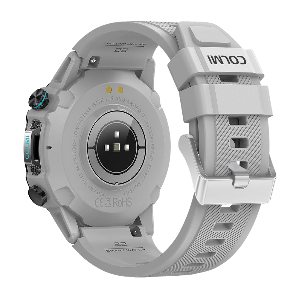 Sëlwer Colmi M42 Smartwatch vun hannen ze gesinn, mat engem schlanken Design, iwwer 100 Sportmodi an enger Batterielaufzäit vun 10 Deeg.