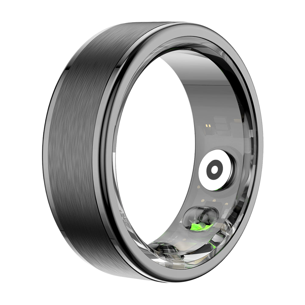 Schwaarze Colmi R03 Smart Ring, vun der rietser Säit gewisen, mat Häerzfrequenz-Iwwerwaachung, Bluttsauerstoff-Tracking an engem waasserdichten Design.