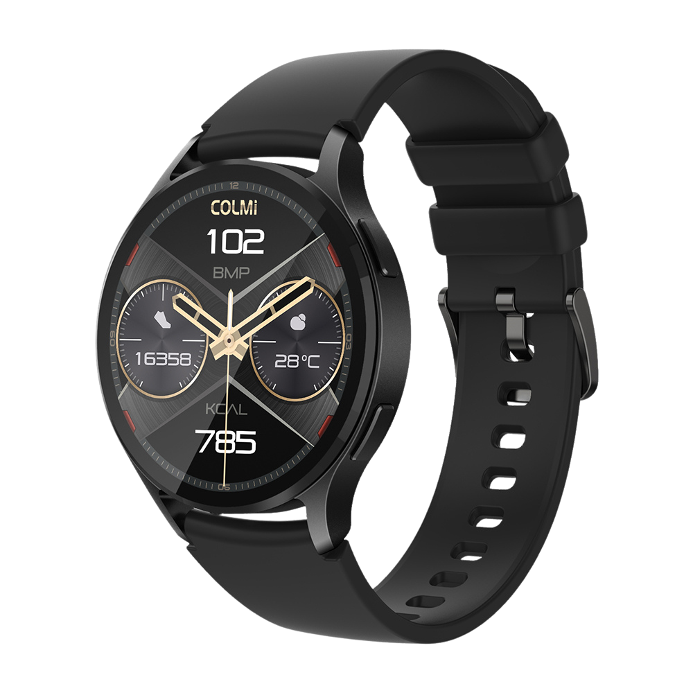 Schwaarz Colmi i28 Ultra Smartwatch mat kreesfërmegem Display, fortgeschrattene Gesondheetssensoren, 10 Deeg Batterielaufzäit an IP68 Waasserdichtheet.