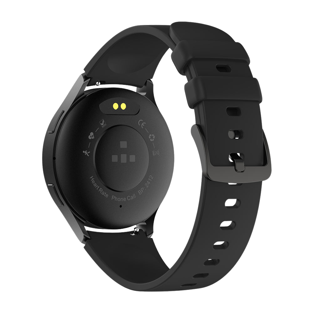 Eng schwaarz Colmi i28 Ultra Smartwatch vun hannen ze gesinn, mat de Récksensoren fir fortgeschratt Gesondheetsverfolgung, magnesch Ladestifte an IP68-waasserdicht Detailer virun engem donkelen Hannergrond.