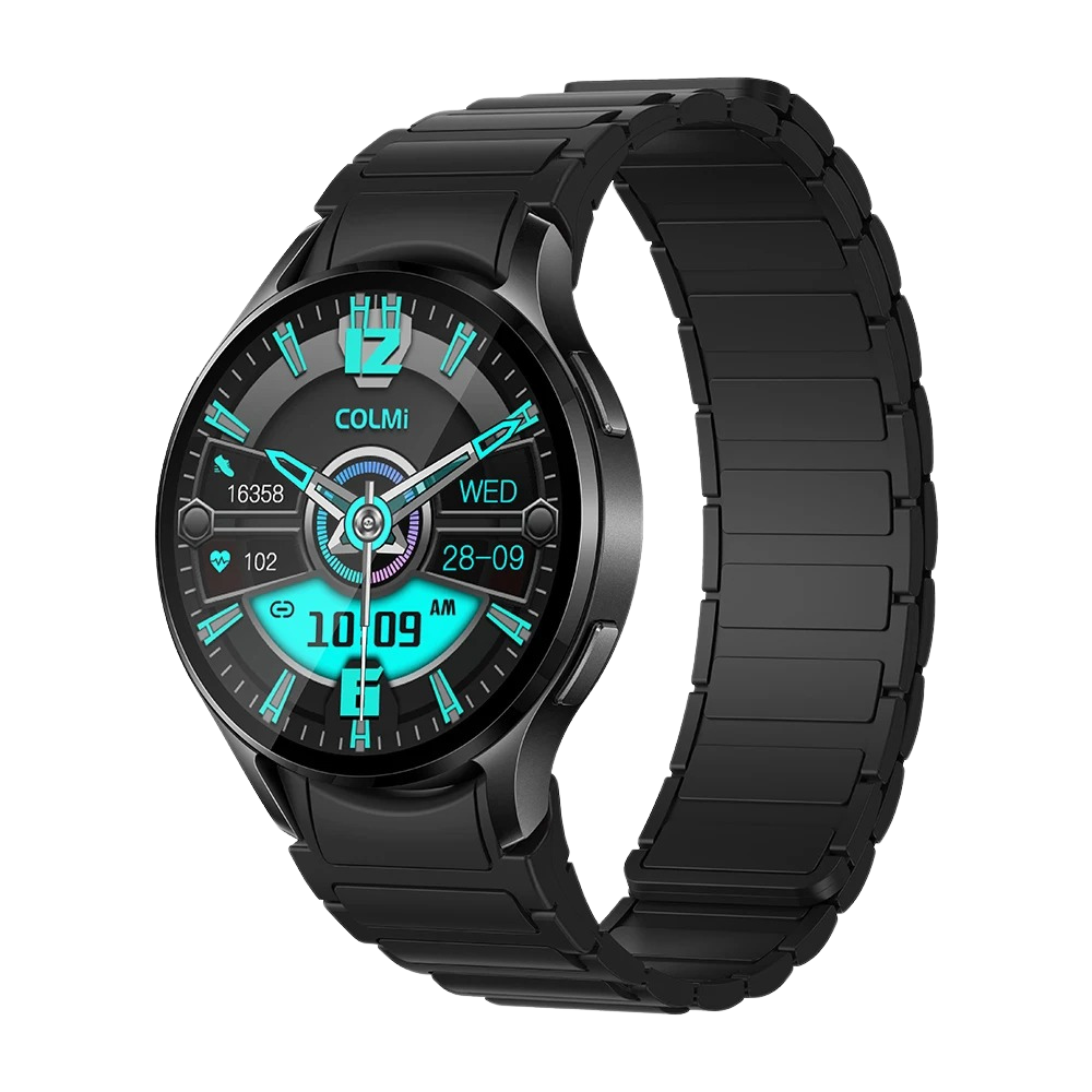 Schwaarz Colmi i28 Ultra Smartwatch mat Magnéitarmband, kreesfërmegen Display, fortgeschrattene Gesondheets-Tracking-Sensoren, 10 Deeg Batterielaufzäit an IP68-Waasserdichtheet.
