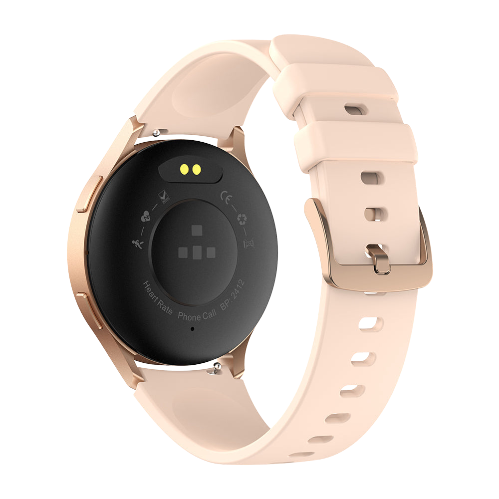 Gold Colmi i28 Ultra Smartwatch vun hannen ze gesinn, mat Gesondheetssensoren hannen, magnesche Ladekontakter an IP68-Waasserdichtheet.