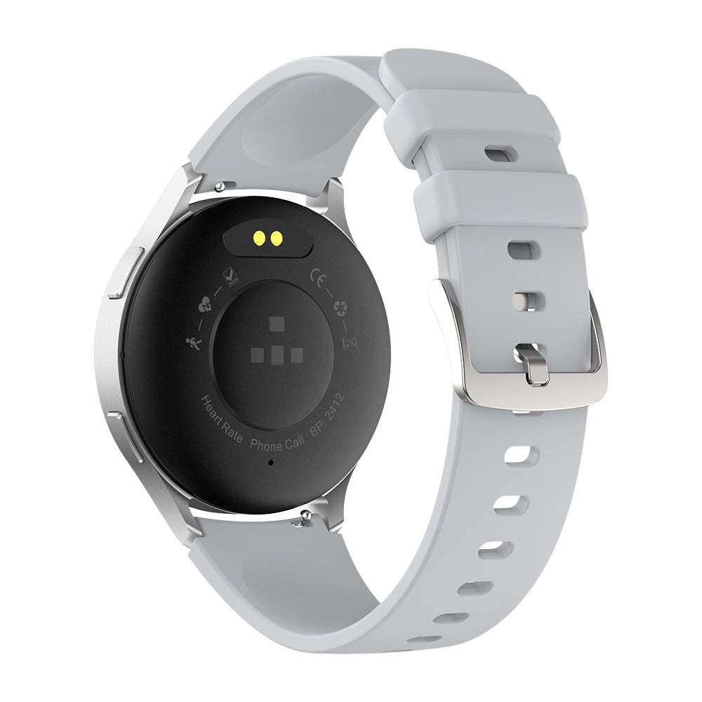 Eng sëlwer Colmi i28 Ultra Smartwatch vun hannen ze gesinn, mat dem hënneschte Sensorarray fir fortgeschratt Gesondheetsverfolgung, magnesche Ladekontakter an enger IP68-waasserdichter Konstruktioun op engem neutralen Hannergrond.